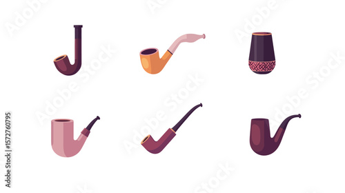Classic smoking pipe on white background in detailed vector graphic style, featuring a curved stem and traditional bowl shape, ideal for vintage objects, gentleman accessories, tobacco-related themes,