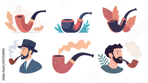 Classic smoking pipe on white background in detailed vector graphic style, featuring a curved stem and traditional bowl shape, ideal for vintage objects, gentleman accessories, tobacco-related themes,