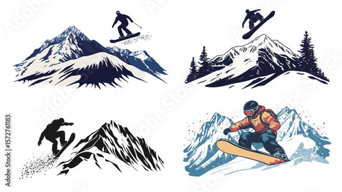 Dynamic snowboarding scene on a mountain vector illustration, showcasing a snowboarder speeding down snowy slopes with winter gear, representing extreme sports, alpine adventure, outdoor action, 