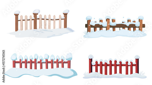 Minimalist snow-covered fence vector illustration with clean lines and simple design, depicting a wintry wooden fence lightly blanketed in snow, perfect for seasonal themes, rural landscapes