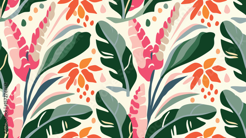 Seamless pattern featuring stylized tropical flowers and leaves on a light background surface design