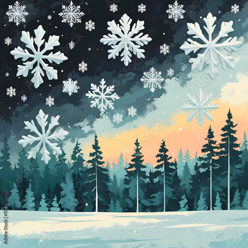 Winter wonderland landscape with falling snowflakes and evergreen forest scene