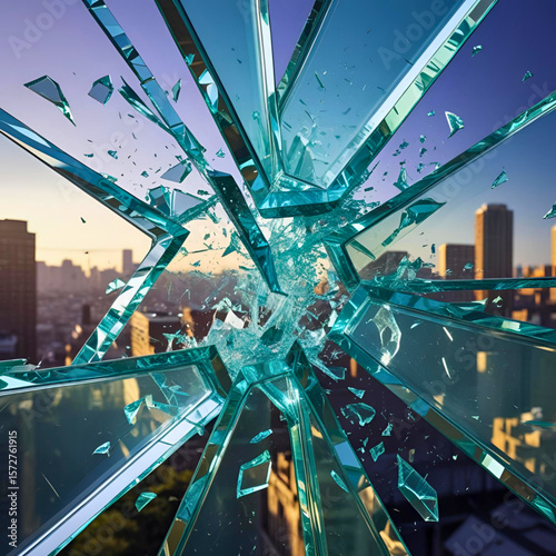 Shattered glass art with city skyline background destruction and impact scene