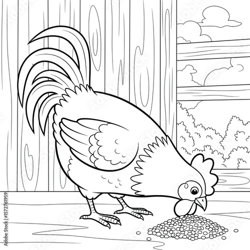 Chicken coloring page – cartoon-style line art of a hen eating grains on the barn floor, educational printable farm animal illustration for kids and classrooms