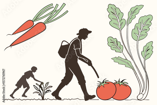 A farmer harvesting fresh vegetables in the garden with his son