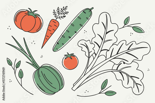 A colorful illustration of fresh vegetables including tomatoes and carrots