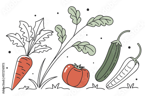 A colorful illustration of fresh vegetables including tomatoes and carrots