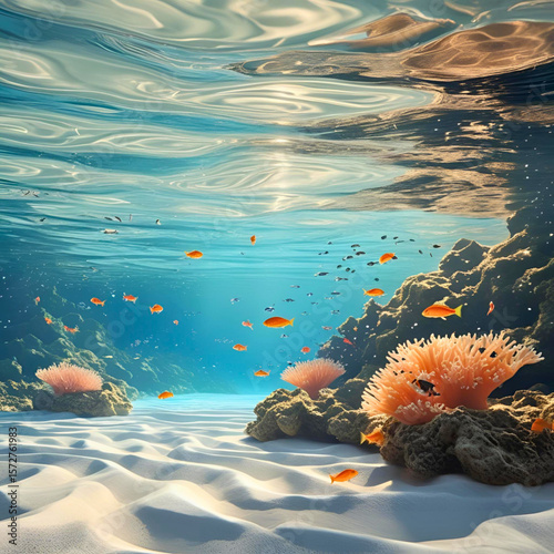 Underwater coral reef scene with tropical fish and clear ocean water view
