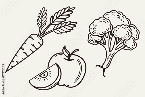A simple drawing of fresh carrots, broccoli, and apples in black outline
