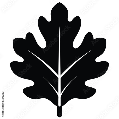  A bold silhouette of an oak leaf, centered on a pure white background, deep lobes and rounded edges, flat vector style, 