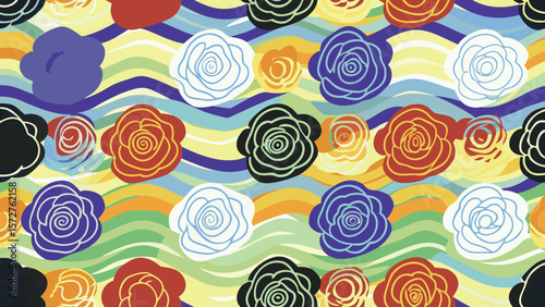 Colorful floral pattern with wavy lines and rose shapes in various colors and orientations showing detail