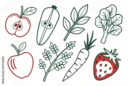 A delightful assortment of outlined fruits and vegetables on a white background