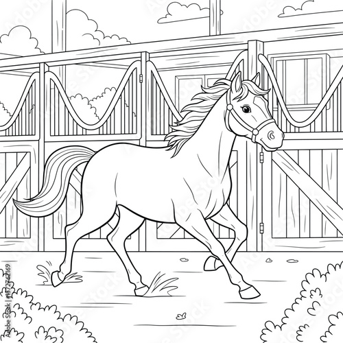 Running horse in stable yard – cartoon farm animal coloring page for kids featuring a trotting horse with harness in front of a detailed wooden barn and fence design
