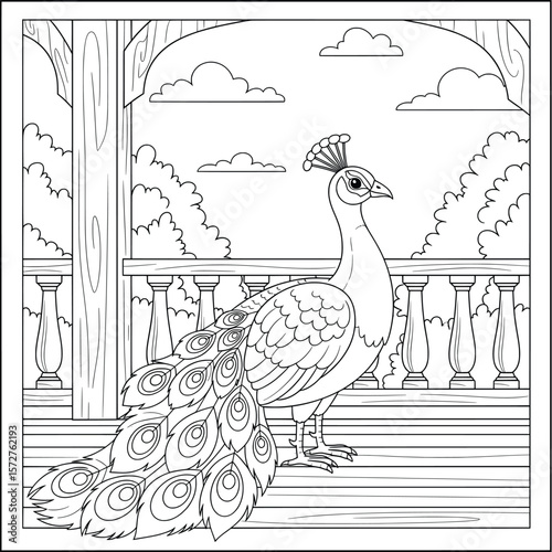 Elegant cartoon peacock on a wooden veranda – kids coloring page with ornamental feathers and detailed railing background, perfect for animal and bird-themed activities