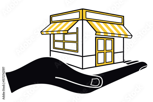Black hand holding a yellow and white store illustration
