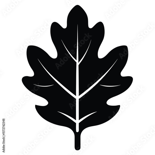  A bold silhouette of an oak leaf, centered on a pure white background, deep lobes and rounded edges, flat vector style, 