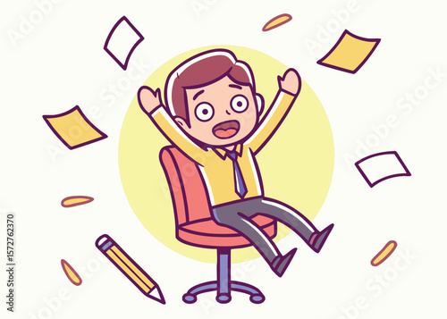 Cartoon Man Ejected from Office Chair with Papers and Pencil