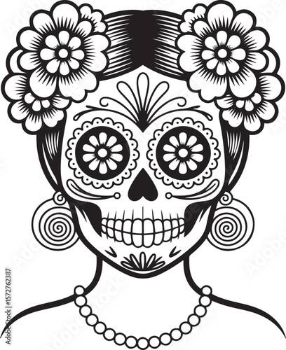 Sugar Skull Woman Day of the Dead Black and White Art
