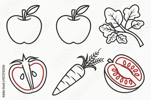 A simple line drawing of fruits and vegetables with red accents