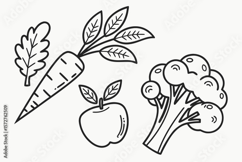 A simple line drawing of various fruits and vegetables
