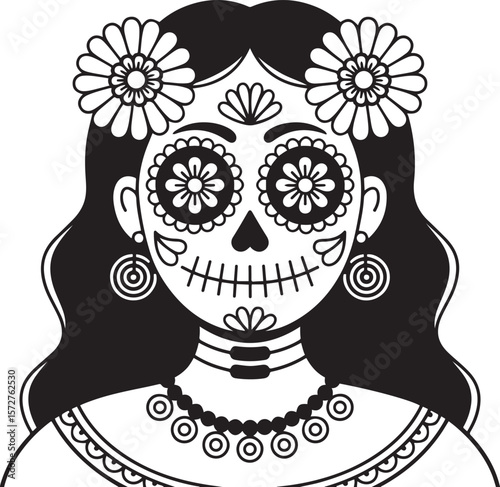 Sugar Skull Woman Day of the Dead Black and White Art
