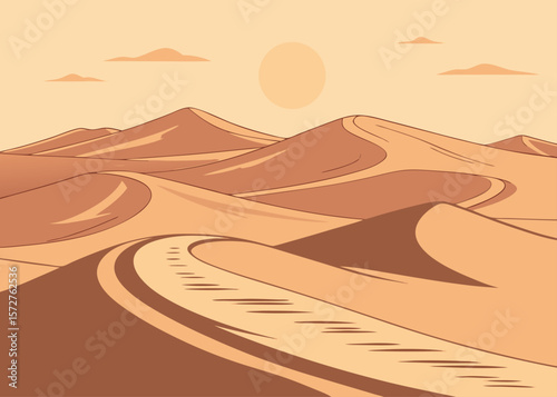 Desert Landscape Illustration with Sand Dunes and Sun