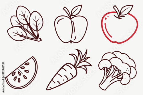 A collection of outlined fruits and vegetables for a healthy lifestyle