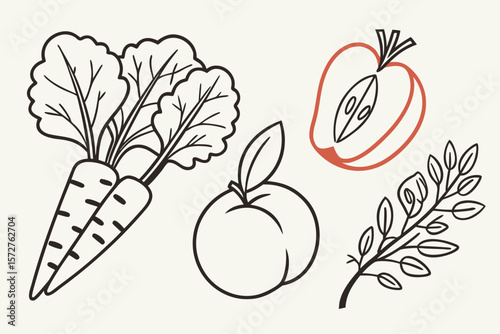 A simple line drawing of carrots, an apple, and leafy greens