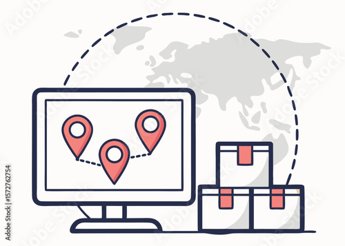Global Delivery Network Computer Screen and Boxes Illustration