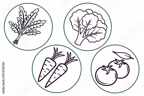 Outlined vegetables in circles promote healthy eating and fresh produce