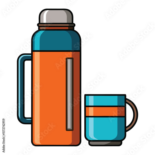 A thermos bottle with a cup, isolated on a white background, for hot drinks, travel, camping, or outdoor activities.