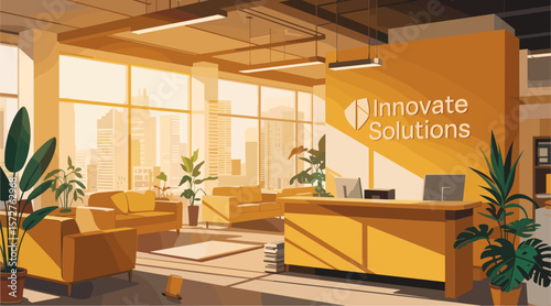 A bright and sunny office with a large Innovate Solutions sign on the wall. The room is filled with potted plants and comfortable furniture, including couches and chairs. The atmosphere is welcoming