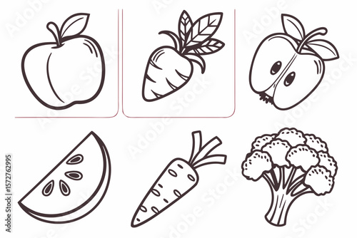 Outlined illustrations of an apple, carrot, watermelon, and broccoli