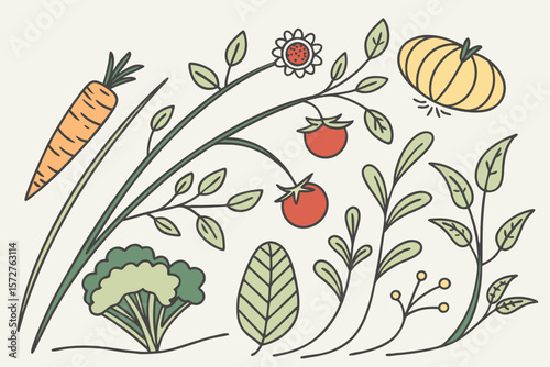 A colorful assortment of fresh garden vegetables and plants are displayed