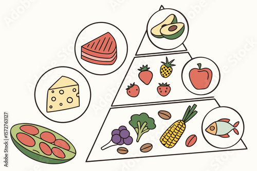 A colorful food pyramid illustrates a balanced and nutritious diet plan