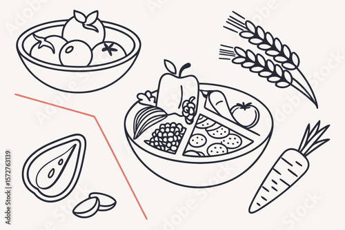 A healthy salad bowl with fresh vegetables and grains is illustrated