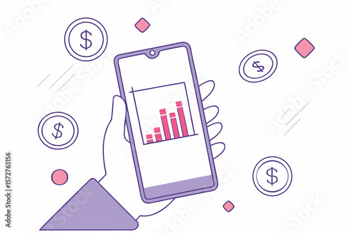 Hand Holding Phone with Stock Chart and Dollar Coins