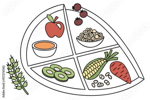A balanced meal is displayed on a divided plate with various food groups