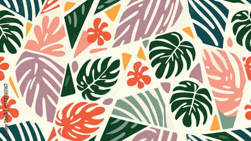 Colorful tropical pattern with monstera leaves and geometric shapes in a playful arrangement style