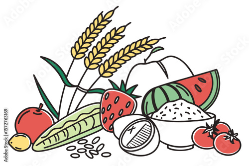 A variety of fruits, vegetables, and grains are arranged together