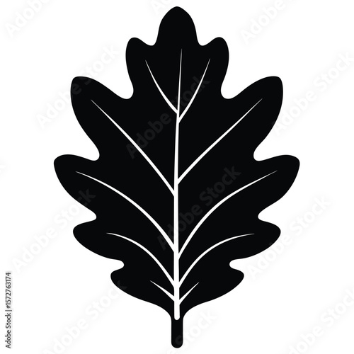  A bold silhouette of an oak leaf, centered on a pure white background, deep lobes and rounded edges, flat vector style, 