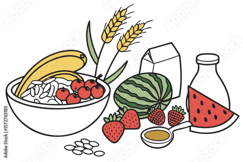 A bowl of fruit and grains is accompanied by milk and honey