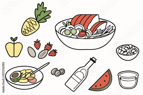 A variety of healthy foods are arranged, including fruits, beans, and nuts