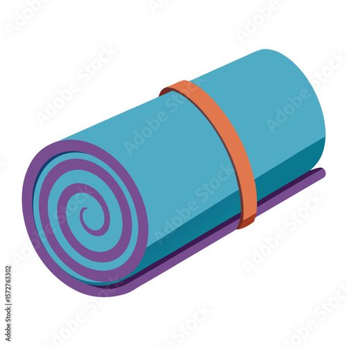 A tightly rolled yoga mat with a strap, on a plain white surface, for fitness, exercise, wellness, or healthy lifestyle.