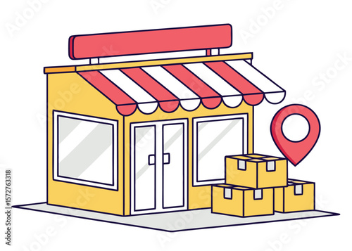 Illustration of a Storefront with Location Pin and Boxes