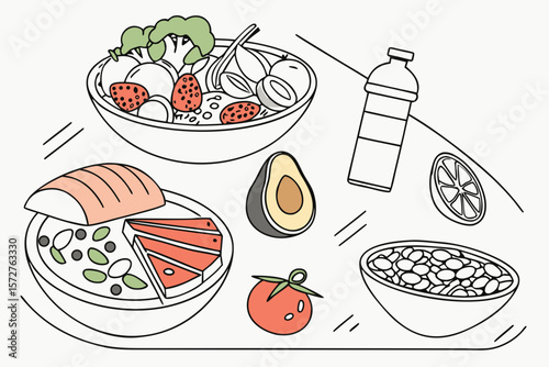 A colorful illustration of healthy food bowls and fresh ingredients
