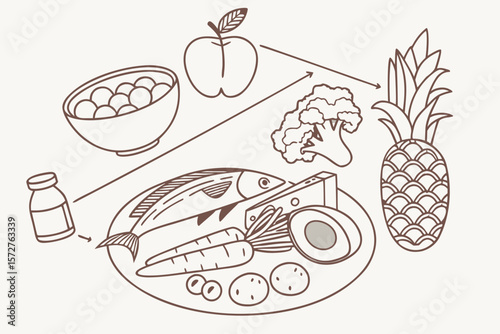A balanced diet illustration with fish, fruits, and vegetables
