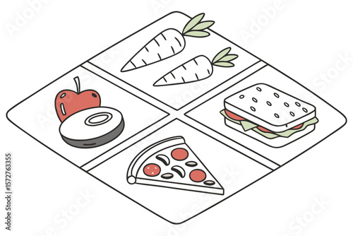A grid of diverse food options for a balanced meal plan