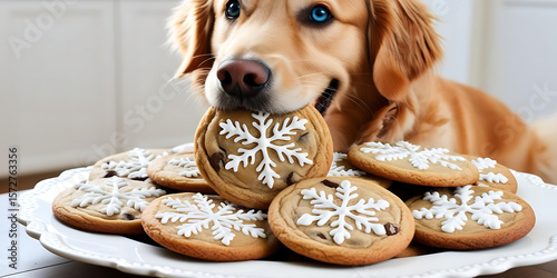 Golden retriever steals snowflake cookie from a white plate