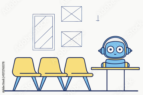 Illustration of robot and yellow chairs in office setting